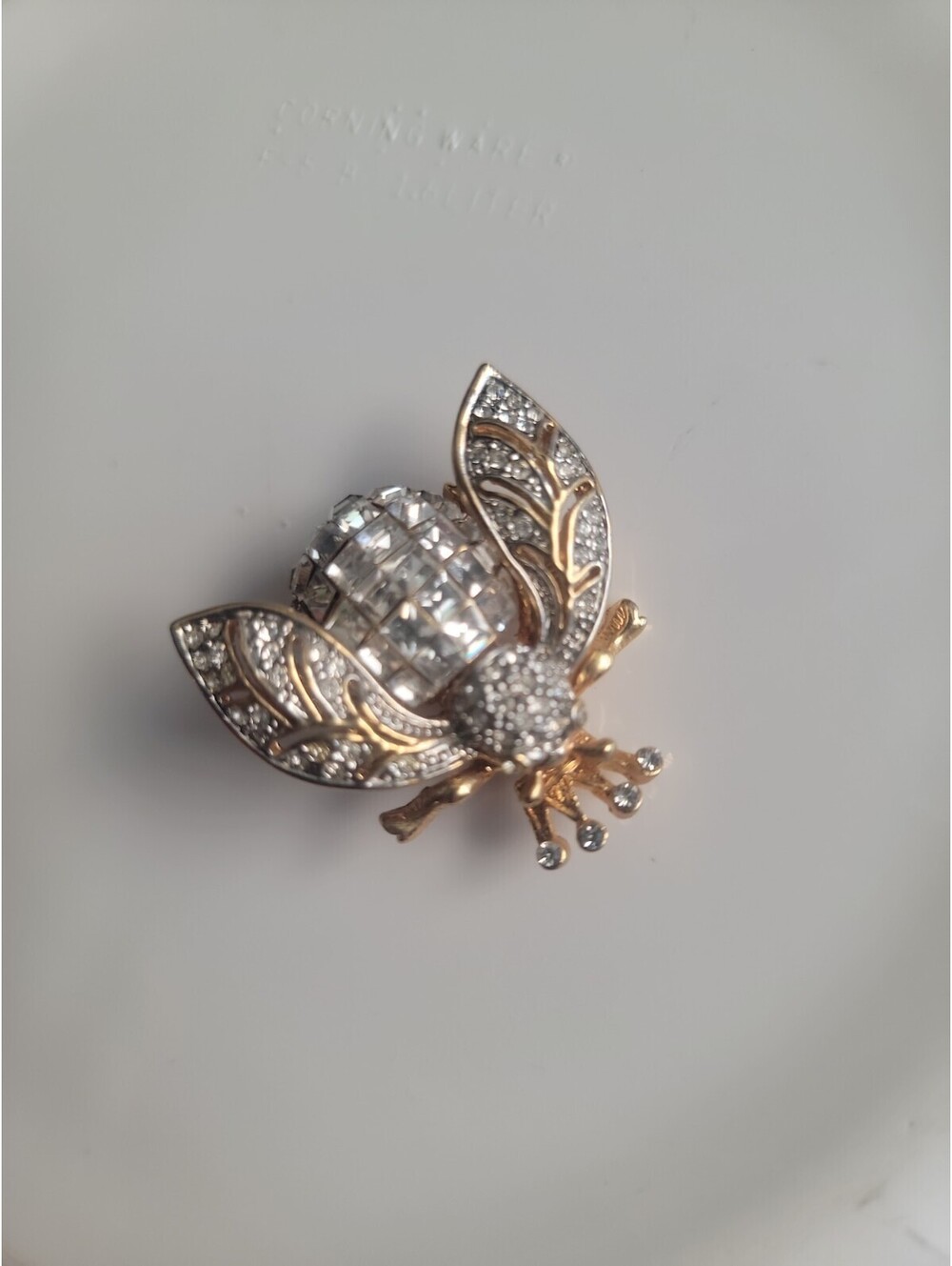 Bee Alive Signed Gold Plated Fly Shaped White Rhinestones Brooch Pin